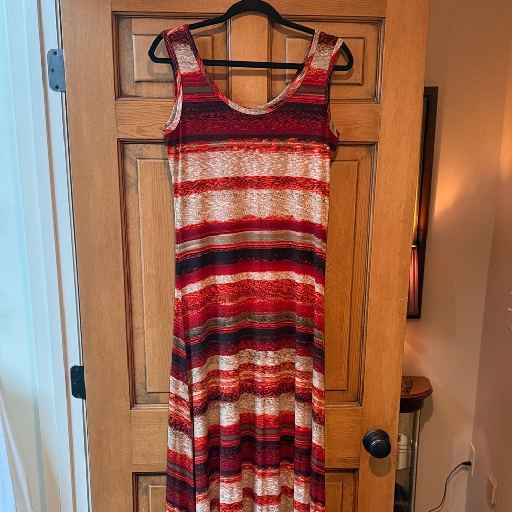 Calvin Klein Sleeveless Striped Maxi Dress in Red and Cream